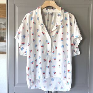 BIMBA Y LOLA Women's Heart Print Short Sleeve Collared Blouse, White Blue Red, S